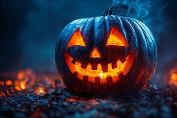 Fototapeta premium Halloween pumpkin on a scary background. Decorations and autumn celebrations.