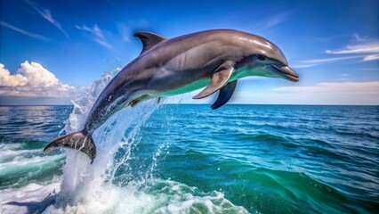 Naklejka premium A majestic bottlenose dolphin fish leaps out of the bright blue water, its sleek grey body glistening in a joyful, energetic, and playful aquatic demonstration of intelligence.