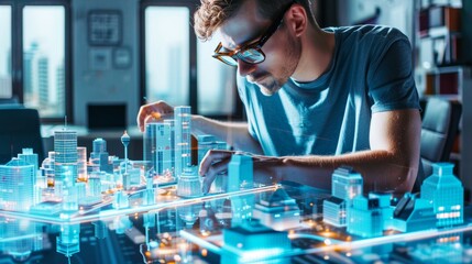 Architect using augmented reality to plan and manipulate city architecture in 3D environment