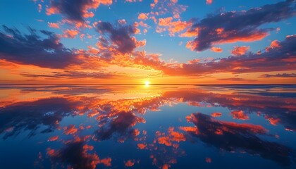 Mirror of the sky under the sunset, charming reflections and tranquil atmosphere.