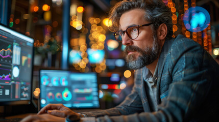 Fototapeta premium Focused businessman analyzing data on computer screens in a dimly lit office