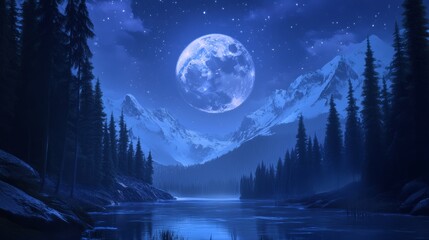 Fototapeta premium Full moon illuminating snowy mountains and lake at night