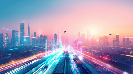 A futuristic cityscape with flying cars and skyscrapers at dusk