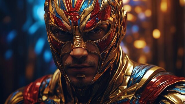 A fearless superhero confronts danger in a vibrant city at dusk, ready to protect the innocent and uphold justice with unwavering determination