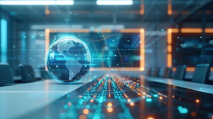 A modern conference room with a holographic globe and digital connections representing global business ideas. Tech, Digital Painting, Cool Tones, High Detail