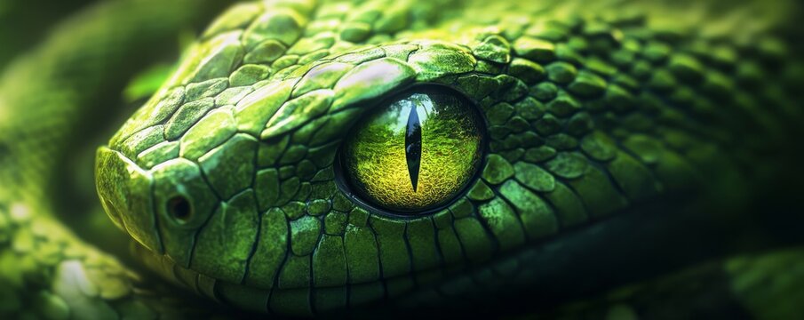 Green snake staring with intense yellow eye