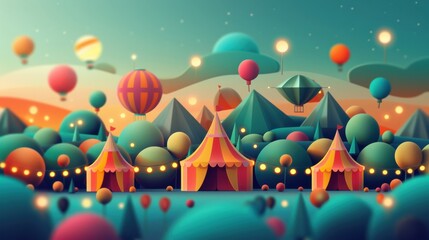 Obraz premium A vibrant 3D illustration of a festival with colorful tents, lights, and people enjoying the festivities