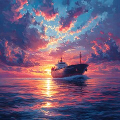 Fototapeta premium A ship sails across the ocean at sunset, with vibrant clouds reflecting in the water.