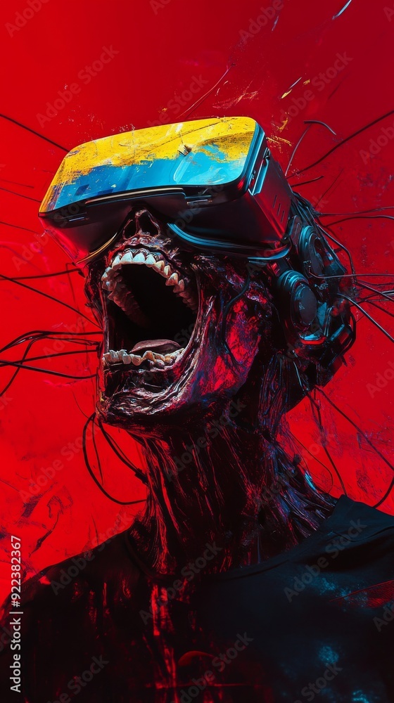 Poster Screaming zombie experiencing virtual reality with headset