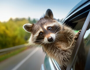 A curious funny raccoon peaking his head out of the fast fast moving car window on the road in the countryside