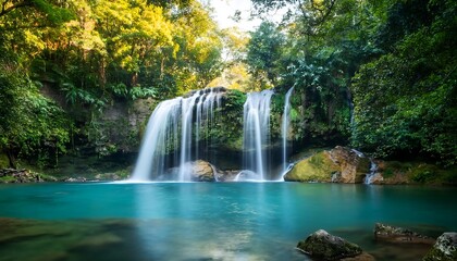 Crystal clear water cascades over mossy rocks, painting a vibrant green tapestry in the heart of a secluded forest