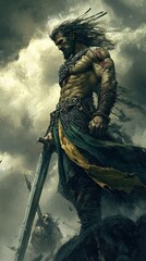 Mighty celtic warrior standing victorious on battlefield holding sword