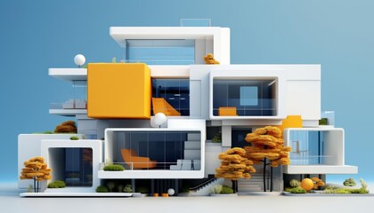 Asymmetrical flat design, front view, modern architecture theme, 3D render, Complementary Color Scheme