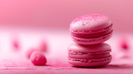 Obraz premium Stack of pink macarons on a soft pastel background with sprinkled crumbs