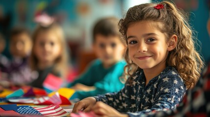 Fototapeta premium Young Crafter Smiles with American Pride, Classmates Blurred in Background