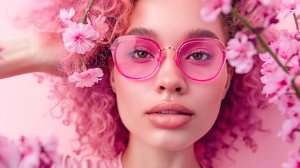 Fototapeta premium Fashionable woman with pink hair and sunglasses surrounded by flowers