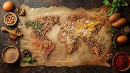 A vibrant map crafted from grains and spices celebrates the diversity of global cuisine