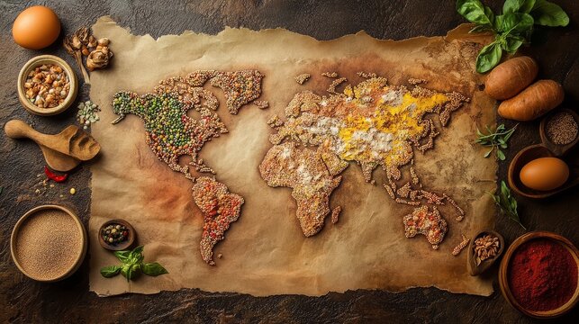 A vibrant map crafted from grains and spices celebrates the diversity of global cuisine