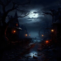 Eerie Moonlit Village: Gothic Halloween Scene with Haunted Houses, Twisted Trees, and Misty Cobblestone Path under Full Moon Spooky Night Landscape for Horror and Mystery Themes
