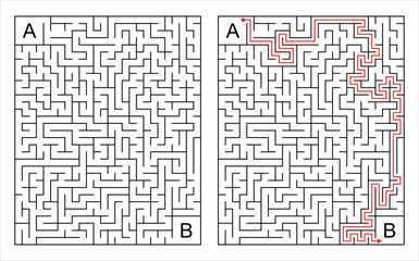 Medium complexity maze game with solution. Rectangular black and white maze puzzle. Vector illustration