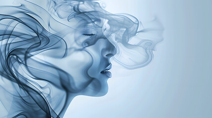 A conceptual background of the head with smoke and flowing patterns, symbolizing mystery or mental health in dark blue tones.