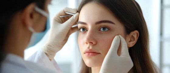 Close-up of a woman's face being examined by a gloved hand