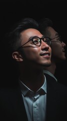 Obraz premium A man looks up thoughtfully, illuminated softly in a dimly lit space