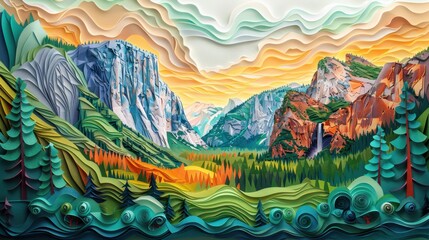 Origami Paper Illustration of Yosemite Valley and El Capitan