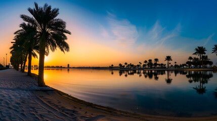 Obraz premium Beach with palm trees and lake at sunset in Shindagha Street, Dubai city in United Arab Emirates, wide angle, silhouette, photography, real photo, hd.