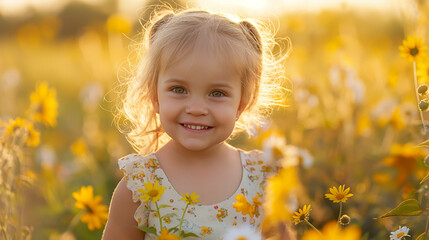 Smiling young girl in a flowered dress standing in a sunny field of yellow wildflowers