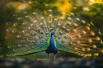 Naklejka premium A male peacock displaying its vibrant plumage in a natural setting.
