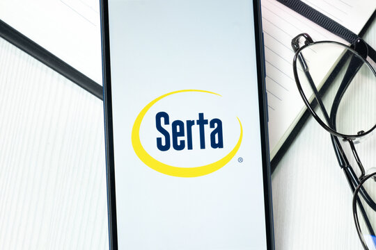 New York, USA - 10 August 2024: Serta Logo on Phone Screen, Company Icon on Display