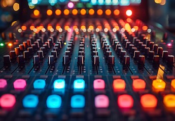 Fototapeta premium A close-up view of a mixing board illuminated by vibrant, colorful lights.