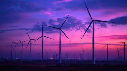 Obraz premium A wind farm with turbines gently lit against the night horizon