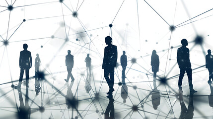 Business network concept with silhouettes of business people and a double exposure of digital connections on a white background.