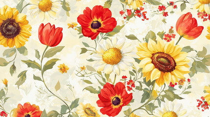A vibrant and intricately detailed flower pattern design, featuring a harmonious blend of natural elements.