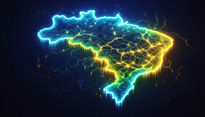 Map of brazil highlighted in neon light. Generative AI.