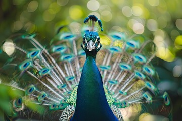 A peacock stands with its feathers fanned out in front of a blurred background of green leaves.