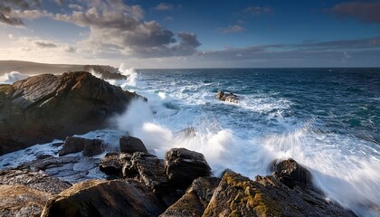 Sunset over the coast with waves crashing on rocky shores