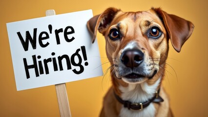 A dog enthusiastically promotes job openings with a cheerful sign