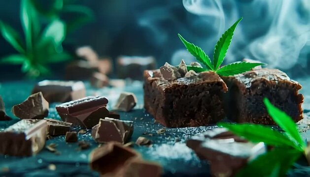 Cannabis brownies on a dark background with a hemp leaf and chocolate in the foreground. The concept for making weed food or thriller cake.