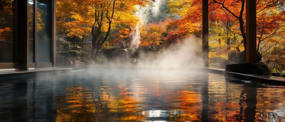 An onsen in Japan surrounded by autumn foliage, with steam gently rising from the water, reflecting the vibrant colors
