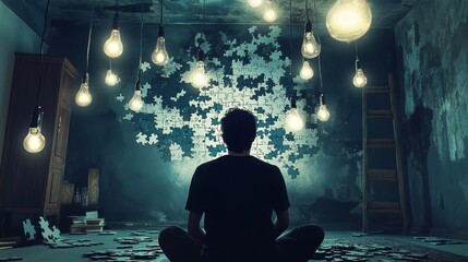 A creative thinker in a dim room, surrounded by floating puzzle pieces and lightbulbs, reflecting on complex challenges and innovative solutions