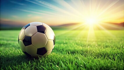 Fototapeta premium Soccer ball on lush green field, soccer, sports, game, equipment, outdoor, grass, recreation, play, competition, goal, team