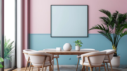 A dining room with a light blue and pink color scheme, featuring a wooden table with white chairs and a large picture frame on the wall.