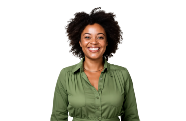 Portrait of a professional African American businesswoman smiling and standing while wearing casual clothes, isolated on transparent background