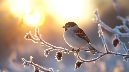 A bird is perched on a branch in the snow