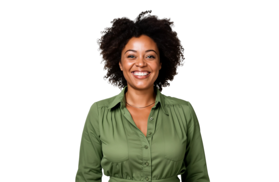 Portrait of a professional African American businesswoman smiling and standing while wearing casual clothes, isolated on transparent background
