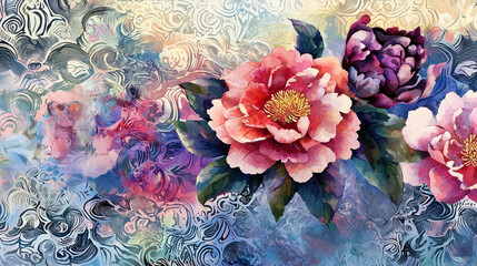 A vibrant and intricately detailed flower pattern design, featuring a harmonious blend of natural elements.