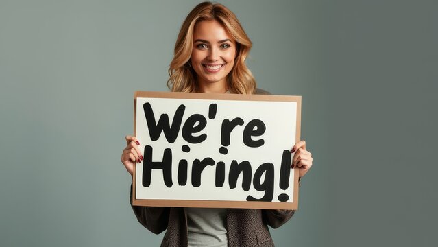 A cheerful woman promotes job openings with a large sign in hand